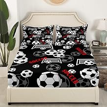 Soccer Bedding Set Twin Size Ball Games Bed Set for Girls Teens Bedroom Decor Kids Sports Soccer Fitted Sheet Soft Microfiber Black White Red Bed Cover1 Fitted Sheet+1 Pillow Case