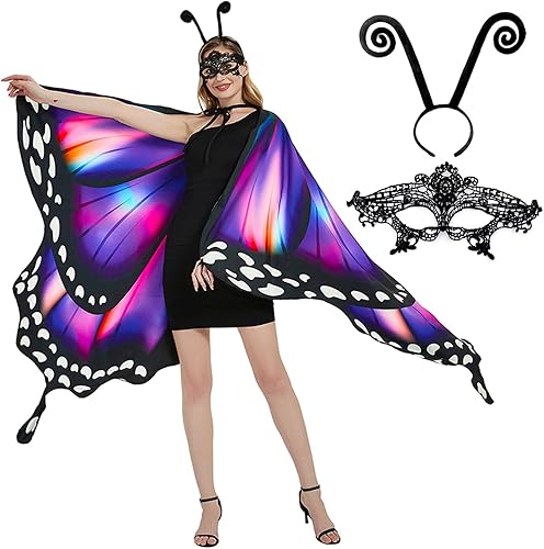 Disfraces de Halloween para mujeres y adolescentes Chal de alas de mariposa dobles con máscara y diadema de antena