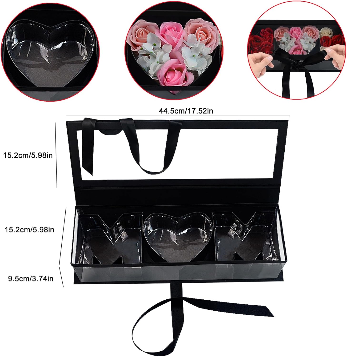 Empty Mother's Day Flower Box: MOM Letters Shaped Fillable Cardboard Boxes with Ribbon and Lid for Mothers Birthday, Valentine's Day, Christmas, Roses Chocolate Jewelry Packaging, DIY Bouquet (Black)