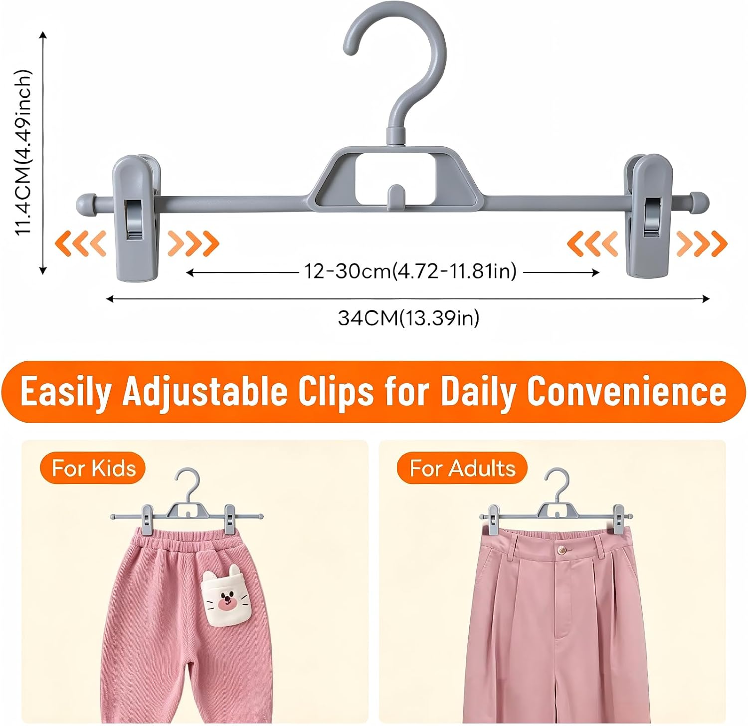10 Pack Pants Hangers Space Saving with Adjustable Clips, Skirt Hanger with 360° Swivel Hooks, Cloths Hangers for Coats, Jeans, Skirts, Wardrobe Organization (Grey)