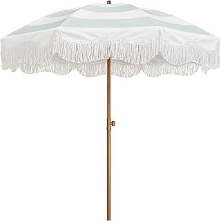 AMMSUN Boho Fringe Umbrella Outdoor Patio, 6.5ft UPF50+ Picnic Umbrella ...