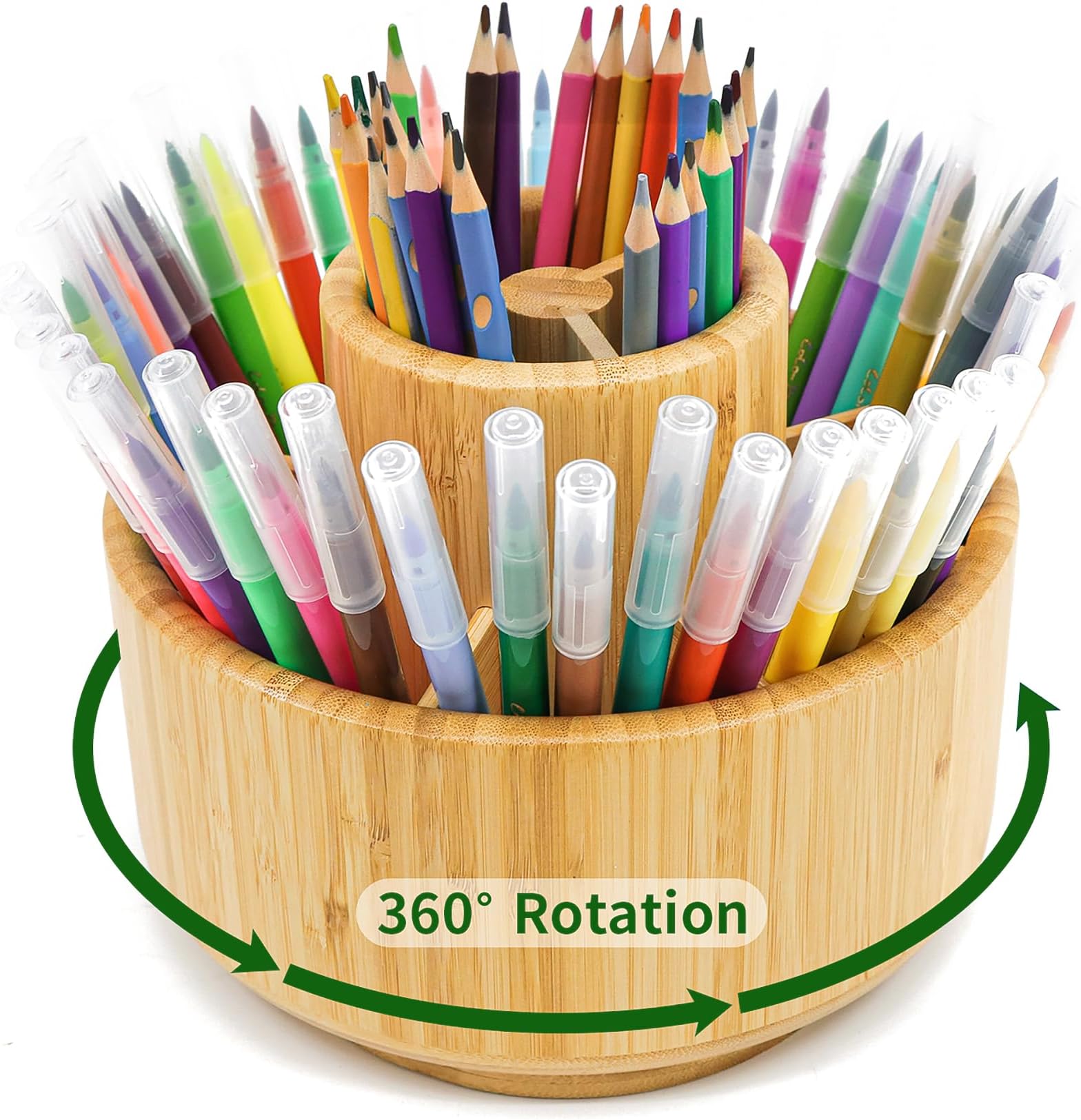 Bamboo Pen Holder Organiser, Round Rotating Art Supply Organiser, Hold 420 Pencils, Desktop Storage for Marker Pens, Colored Pencil, Art Brushes, etc.