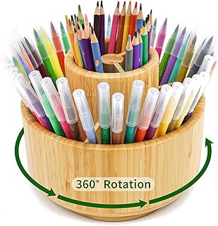 VaeFae Bamboo Pen Holder Organizer, 360° Rotating Art Supply Organizer, ...