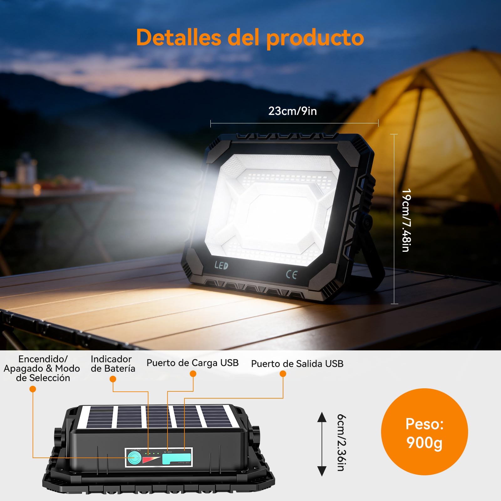 150W Foco LED Recargable Solar, 5 Modos Luz de Trabajo Portátil USB 16000 lm, Foco LED Bateria 16000 mAh, IP66 Impermeable foco solar portatil Magnética para Camping, Trabajo, Pesca, Emergencia