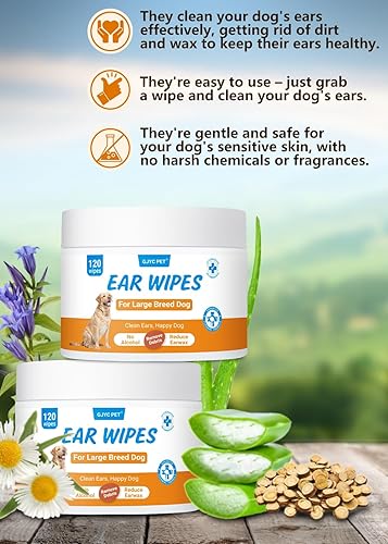 Miniatura 4 de Toallitas de orejas de perro de gran tamaño, 120 toallitas para orejas de mascotas para perros y gatos, toallitas de limpieza de orejas de cachorro,