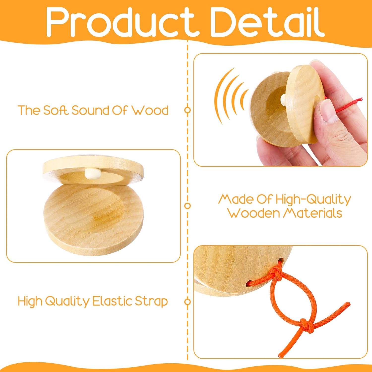 32 Pcs Finger Castanets Wooden Musical Instrument for Adults, Natural Wood Hand Percussion Clap Board Rhythm Tools for Party Performance & Music Practice (2.1 x 2.1 in)