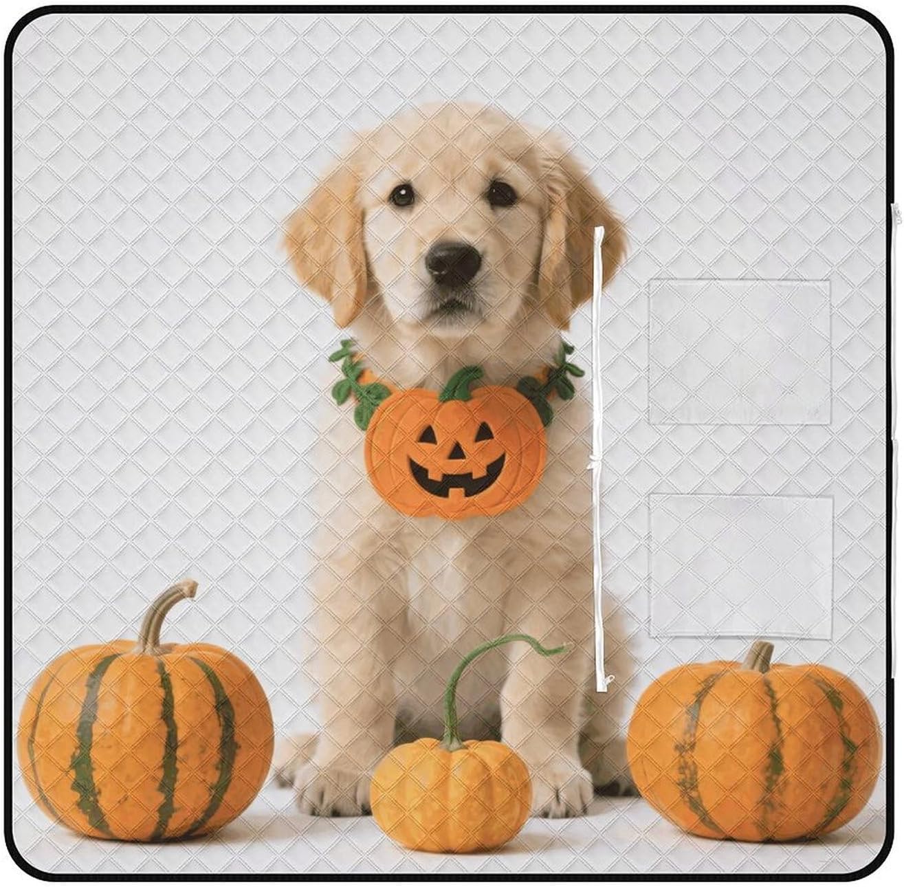 Pumpkin Dog Picnic Blanket 150x150cm, Foldable 2-in-1 Picnic Mat and Tote Bag Portable Waterproof Beach Mat Sandproof Outdoor Blanket for Park, Hiking, Beach, Camping, Travel