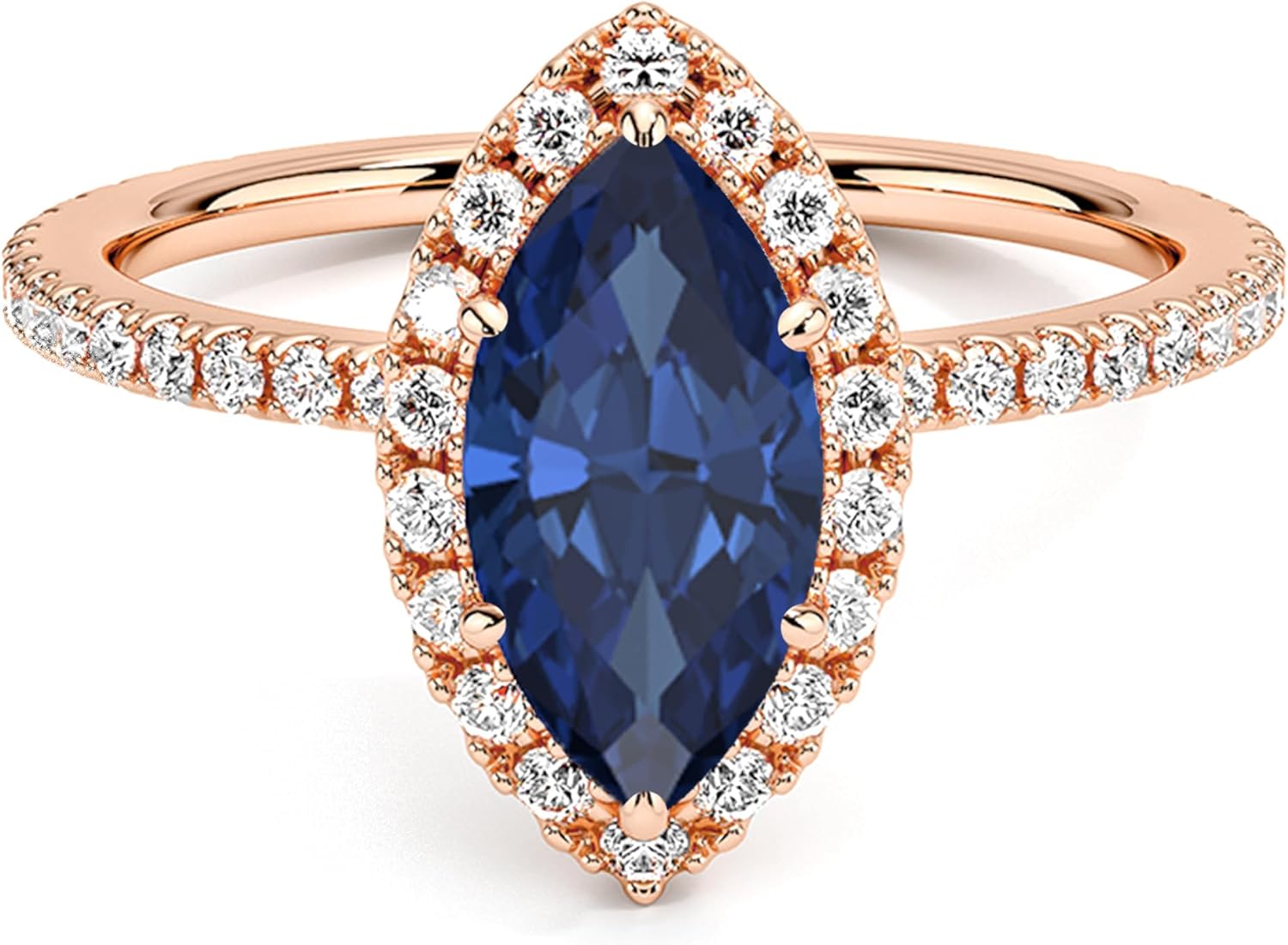 1 Carat Marquise Cut Blue Sapphire & Diamond Halo Engagement Ring For Women, 14K Gold Plated 925 Silver September Birthstone Bridal Side Stone Ring