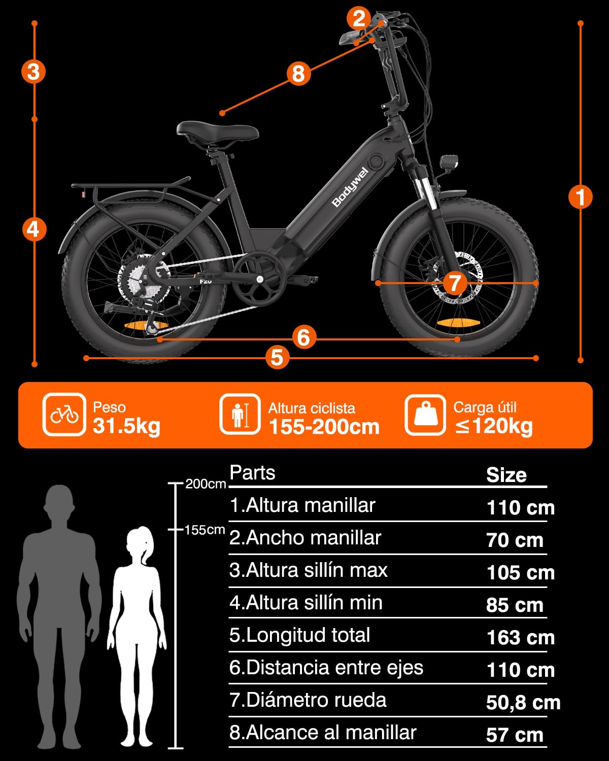 Bodywel F20 Bicicleta Eléctrica, 20x3.0 Fat Bike Todo Terreno Bici Electrica Adultos, 250W 48V 15Ah Batería Extraíble, 7 Velocidades, Horquilla de Suspensión, Montaña E-Bike Pantalla LCD/App