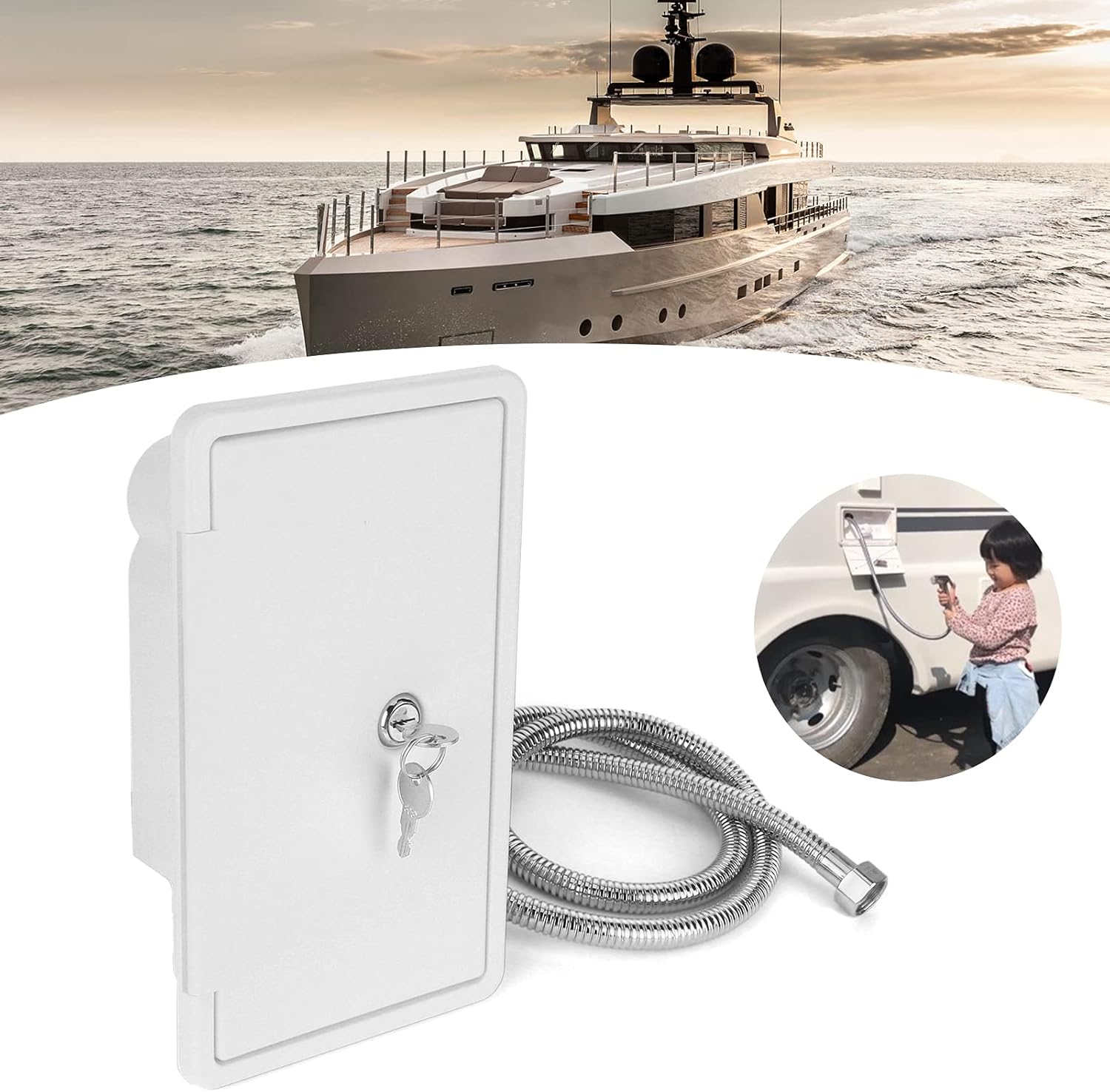 RV Exterior Shower Box Kit Dual Valve Cold Heat Double Contro with Shower Head Hot Cold Water Switch with 1.5m Metal Hose for Boat Camper Motorhome Exterior Faucet RV Shower Tool