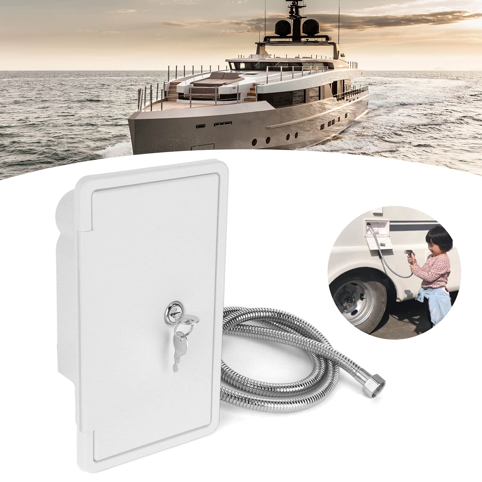 Caja de Ducha Exterior para Autocaravana – Válvula de Agua Fría y Caliente con Cabezal de Ducha y Manguera Metálica de 1.5m, Grifo para RV, Camper, Barco y Remolque