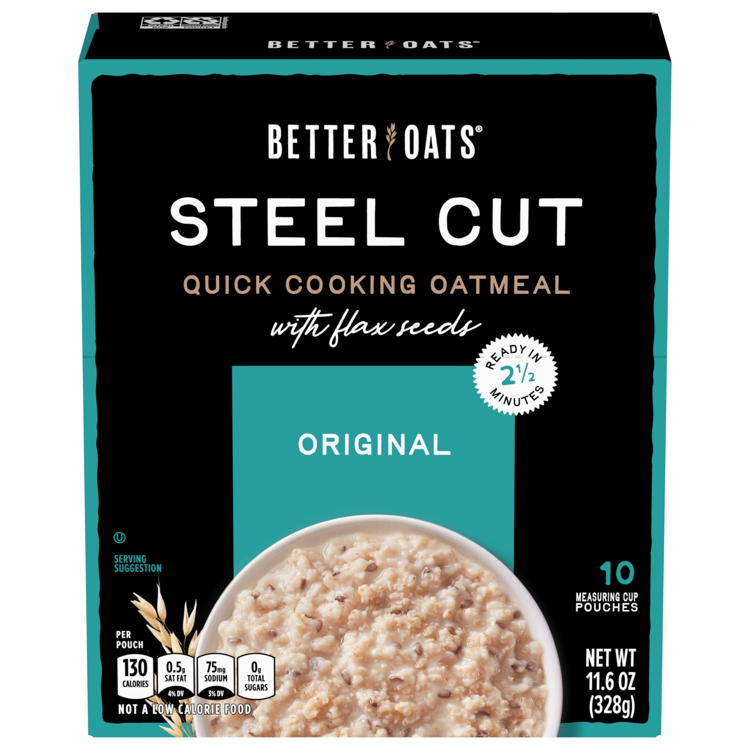 Steel Cut Instant Oatmeal Packets, Original Flavor with Flax Seeds, Quick-Cooking Breakfast, Box of 10 Pouches (Pack of 6)