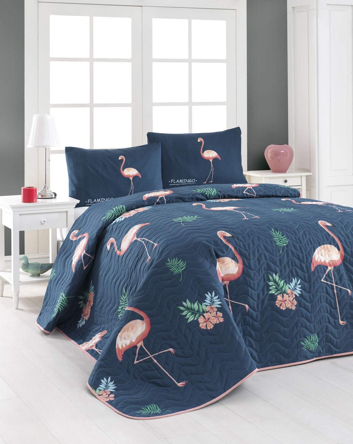 Flamingo Bedding, Full/Queen Size Bedspread/Coverlet Set, Bed Set, Dark Blue (Full/Queen Size)