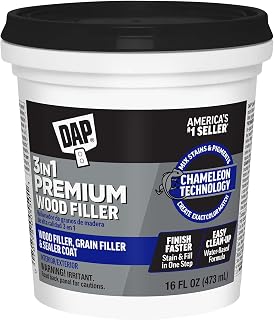 DAP Premium Wood Filler White 16oz - 3-in-1 Stainable Grain Filler Sealer, Shrink-Free for Interior Exterior Repairs