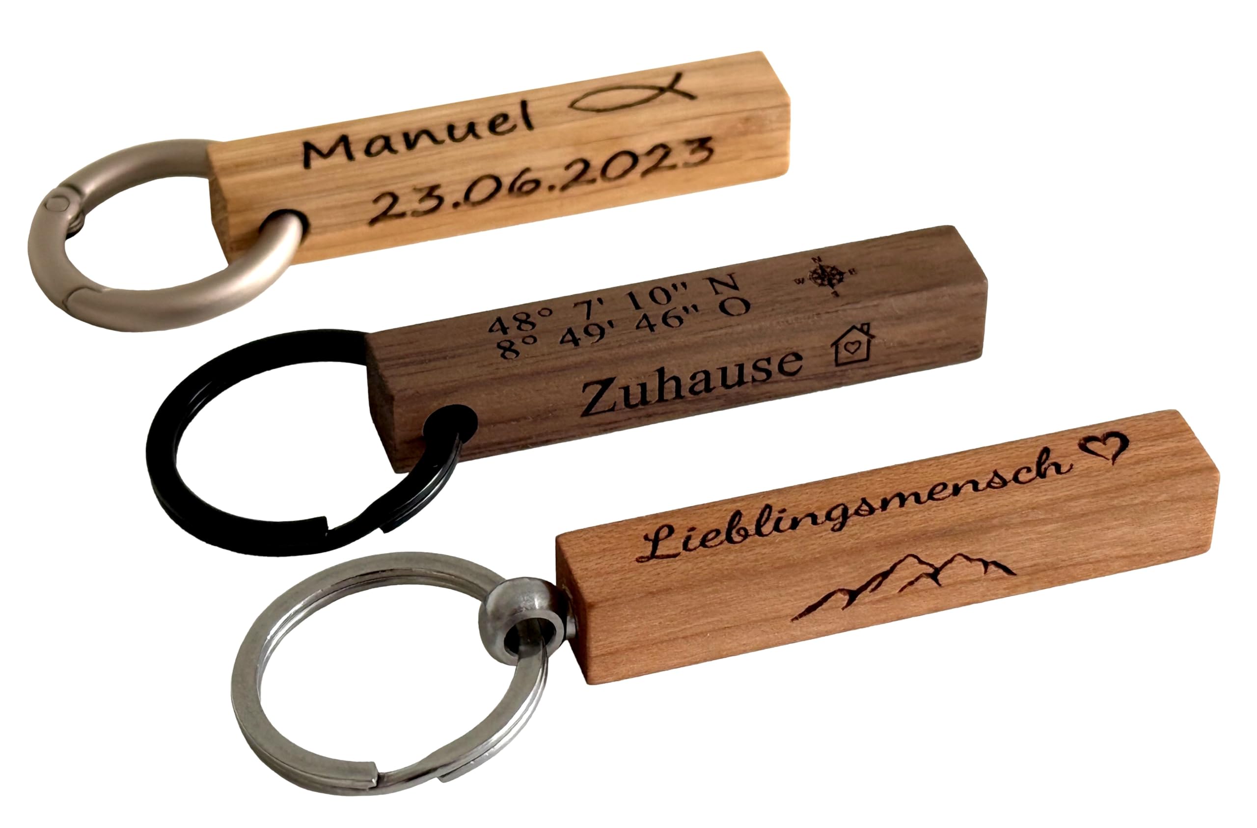 STREIFHOLZ Schlüsselanhänger aus Holz personalisiert, Anhänger mit Schlüsselring oder Lederband und Gravur, viele Motive und Holzarten zur Auswahl