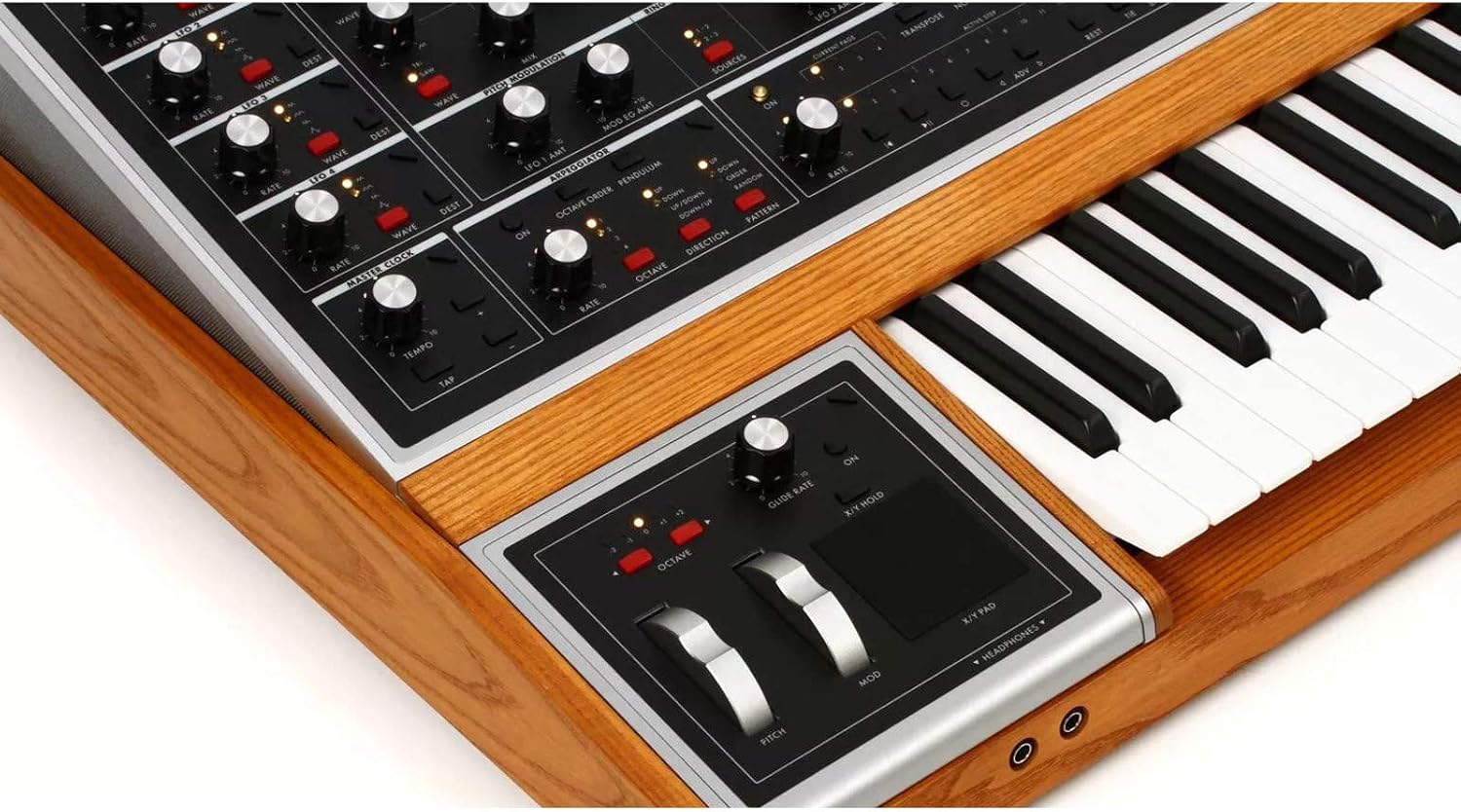 Moog One pitch and modulation wheels with headphone jacks