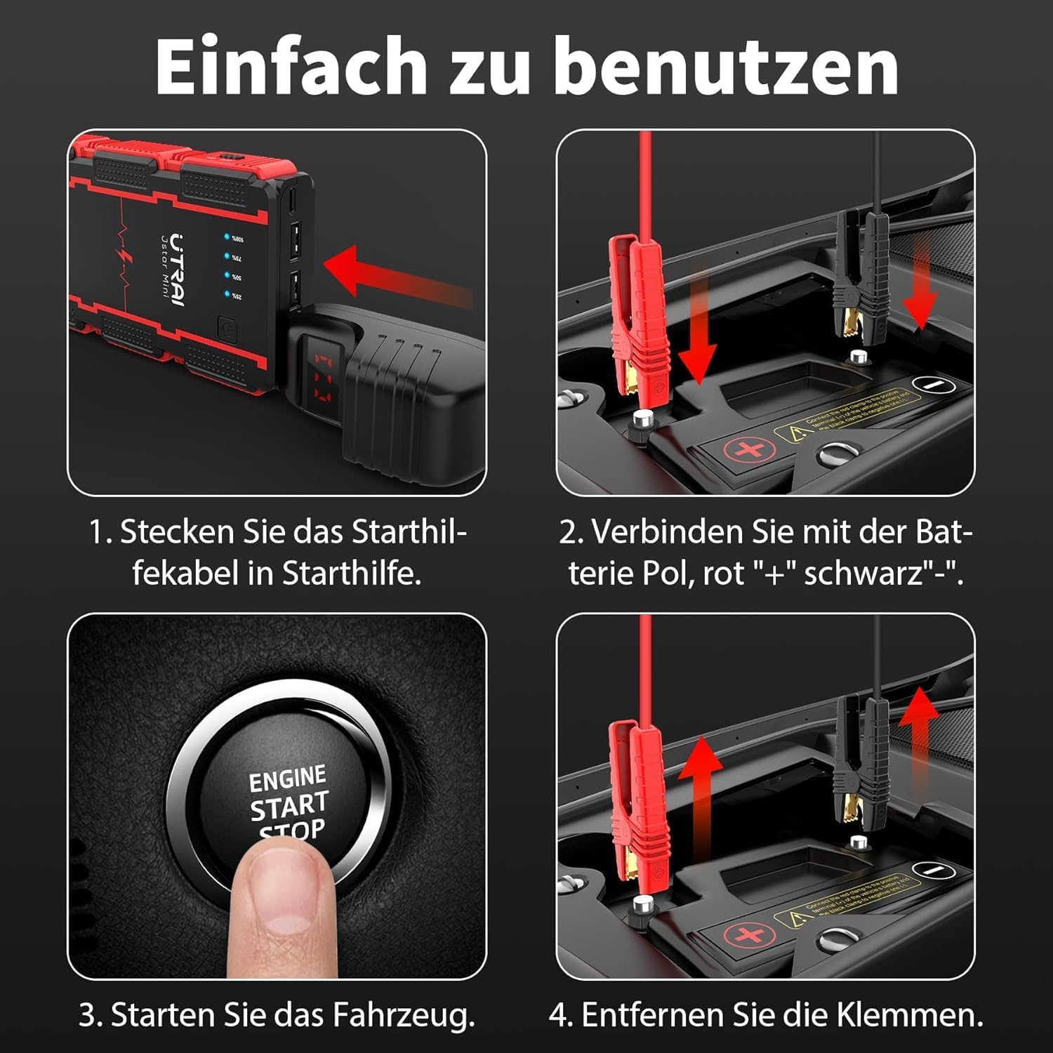 Four-step visual guide on how to use the UTRAI Jstar Mini jump starter.