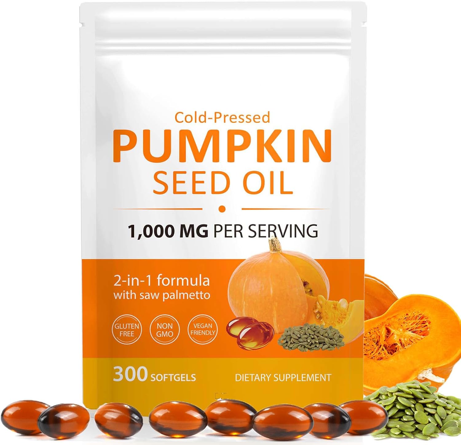 Pumpkin Seed Oil with Saw Palmetto Capsules, 300 Softgels | Cold Pressed Pure Virgin Oil, Essential Fatty Acids & Phytosterols – Supports Hair, Urinary, Bladder & Prostate Health, Non-GMO