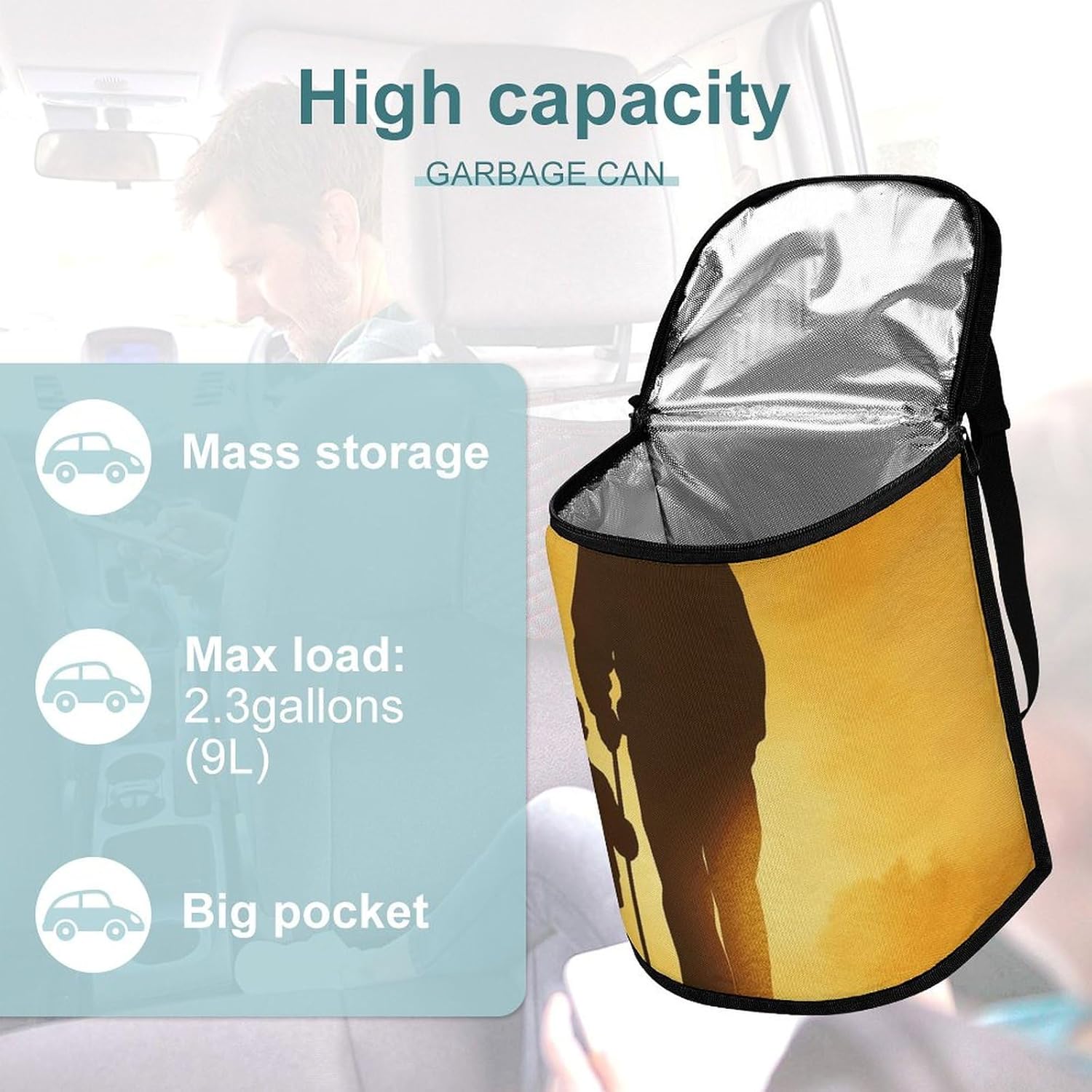 Car Trash Can Silhouette of an Old Man Printed Car Organizer Car Accessory Interior Car Garbage Can with Lid