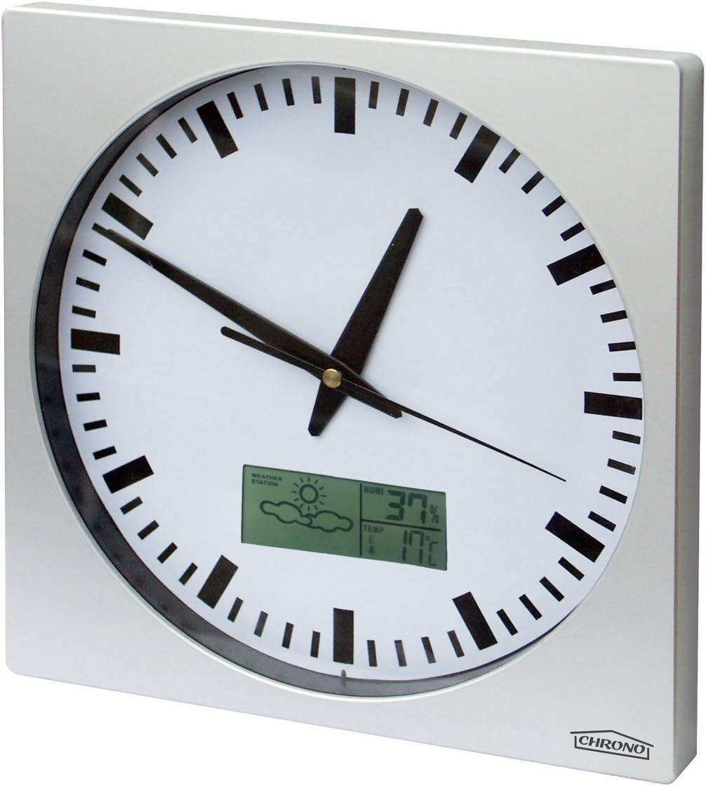 Reloj de Pared con Fechador,Termometro, Barometro, Pronóstico Chrono ZP1, Marco Aluminio Cepillado, 25cm x 25cm