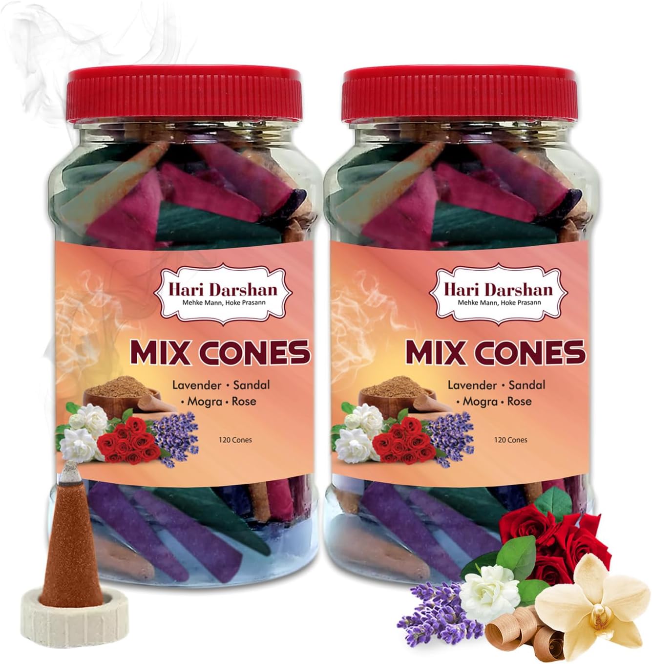Hari Darshan Dry Dhoop Incense Cones Mix - 240 Cones | Lavender | Rose | Sandal | Mogra | Pack of 2- 120 Cones Each Jar