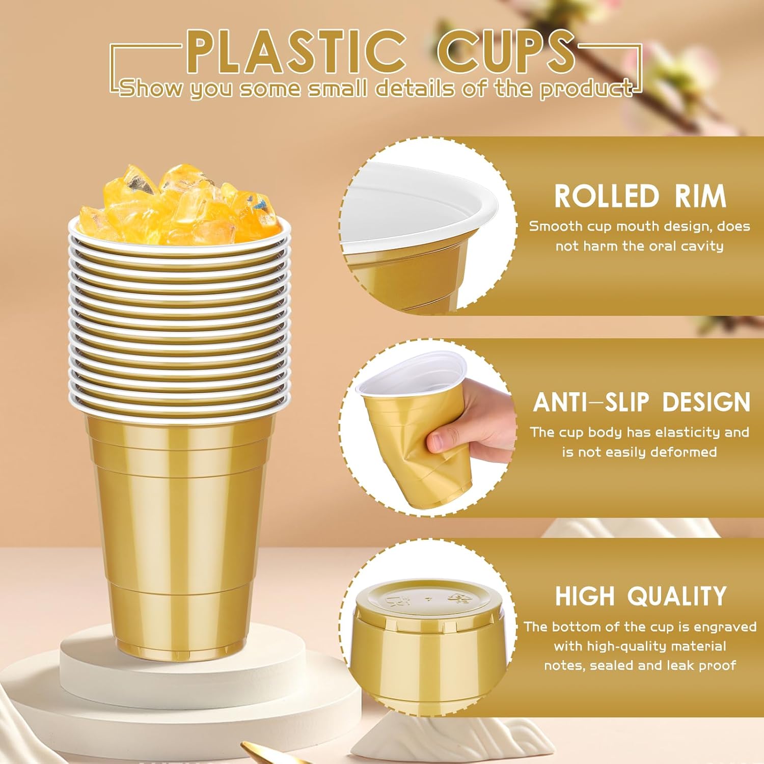 Dualshine 100 Pack 16 oz Gold Plastic Cups, Disposable Plastic Party Cups, Heavy Duty Drinking Water Cup for Wedding Birthday Graduation Valentine's Day Christmas Baby Shower Picnic Barbecues Supplies - Image 6