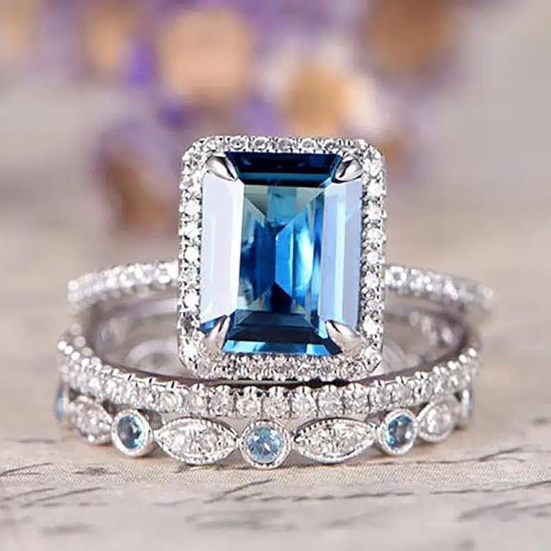 RKKOJJO 925 Sterling Silver Ring 3 Piece Set Engagement Ring Cubic Zirconia Ring Gemstone Rings Blue Diamond Ring Statement Ring Eternity Band Wedding Rings for Women Size 8