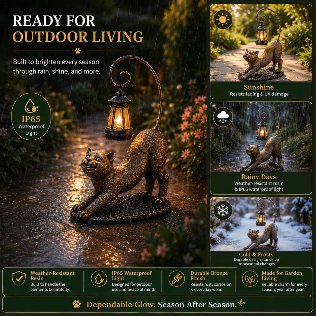 Whisker Wonder Katzenstatue, Solar Katzen Gartenfigur LED wasserdichte Skulpturen Leuchten, Süße Katzenlampe für Outdoor Katzendeko, Harz Katzenstatue Außendeko für Garten (B)
