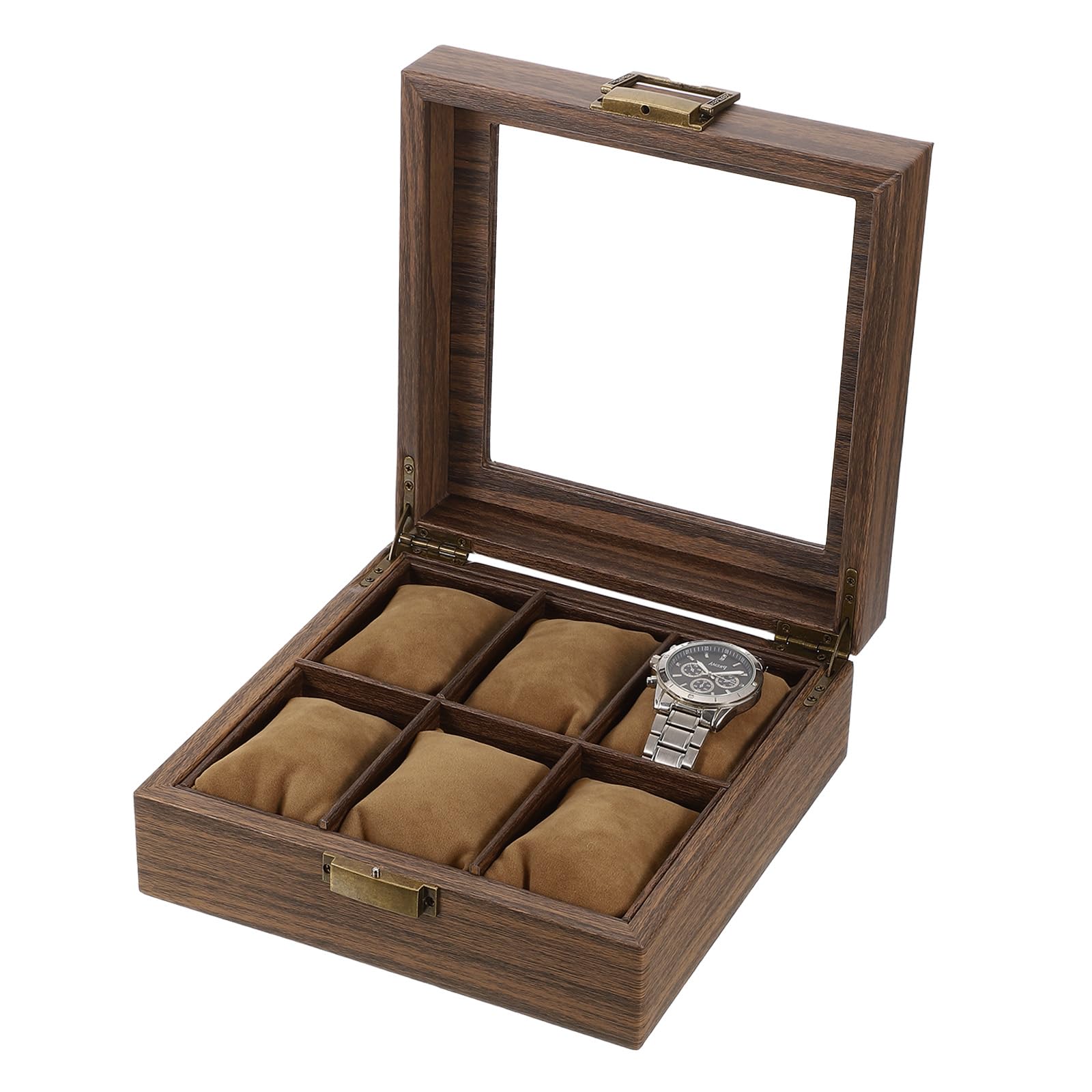 Boîte à montres Sourcing Map pour hommes et femmes, 6 emplacements, en cuir PU grainé, avec couvercle en verre et coussin amovible, compatible avec la plupart des montres et montres connectées.