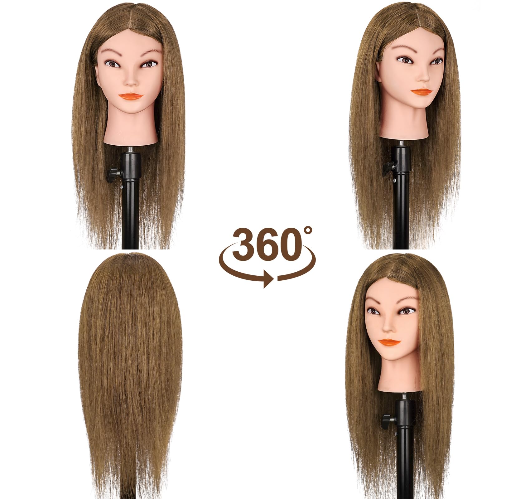 Cabeza de maniquí con cabello humano 100% real, 18 pulgadas, cabello castaño dorado, cabeza cosmetológica, cabeza manicana de muñeca para practicar estilos de cabello, cabeza de 4