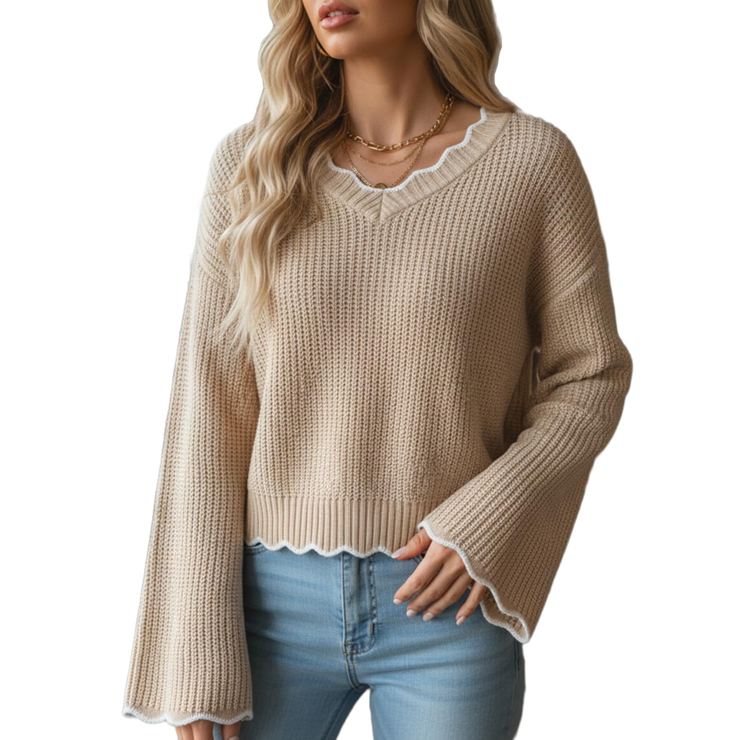 Womens V Neck Knit Sweater Ruffle Trim Long Sleeve Pullover Top Elegant Ribbed Hem Lightweight Knitwear for Fall