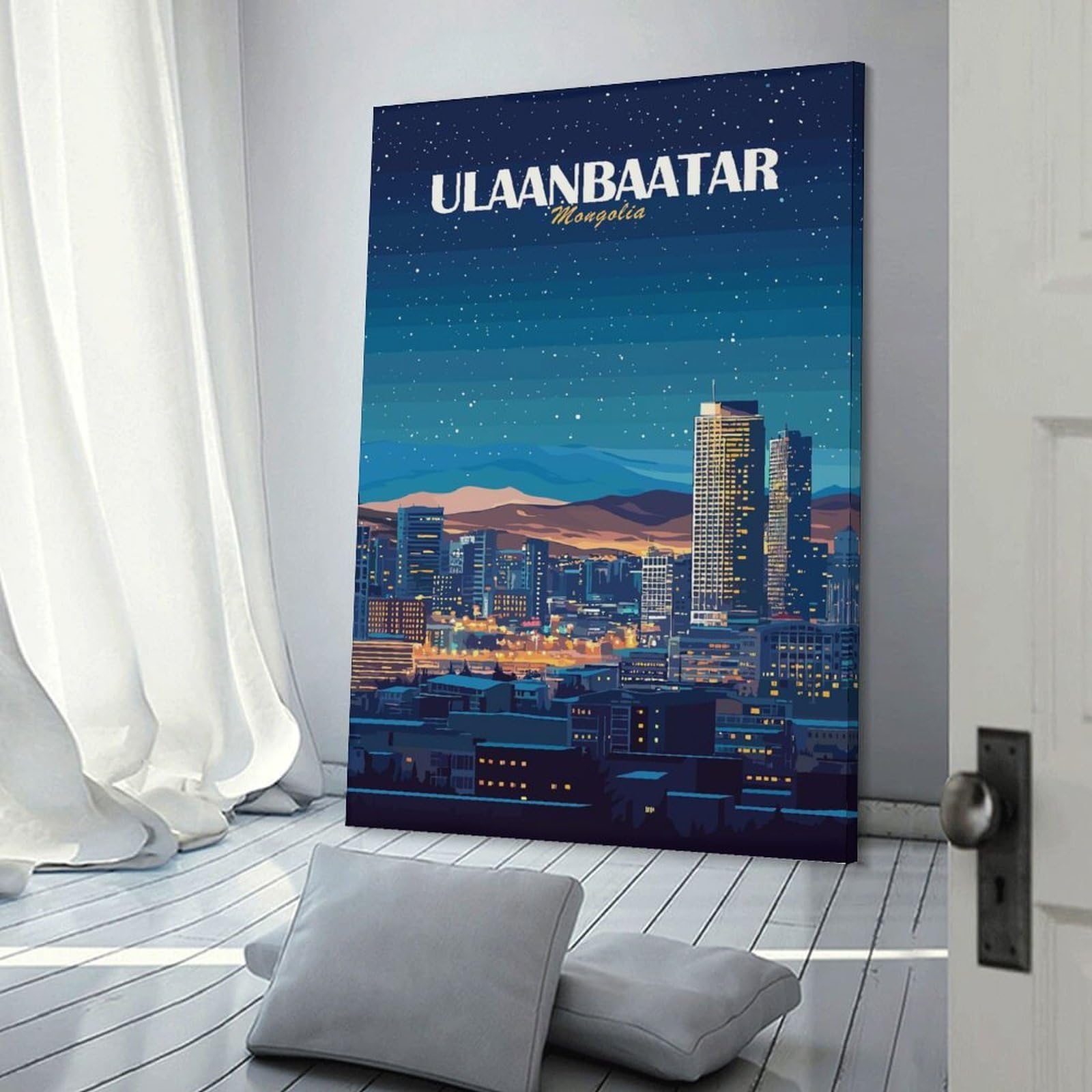 Junmoney Ulaanbaatar Mongolia Cityscape at Night Wall Art Print, 08x12inch(20x30cm), for Bedroom Decor, Cosy Corners Or Studios, Canvas Wall Decor for Personal Spaces