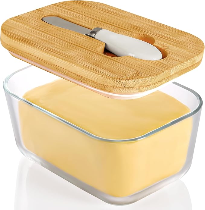 XCC Large Glass Butter Dish with Lid, Upgraded the Capacity to Holds 1lb of Butter, Butter Keeper with Knife for countertop and Double High-quality Silicone Seal, Kitchen Decor and Gifts