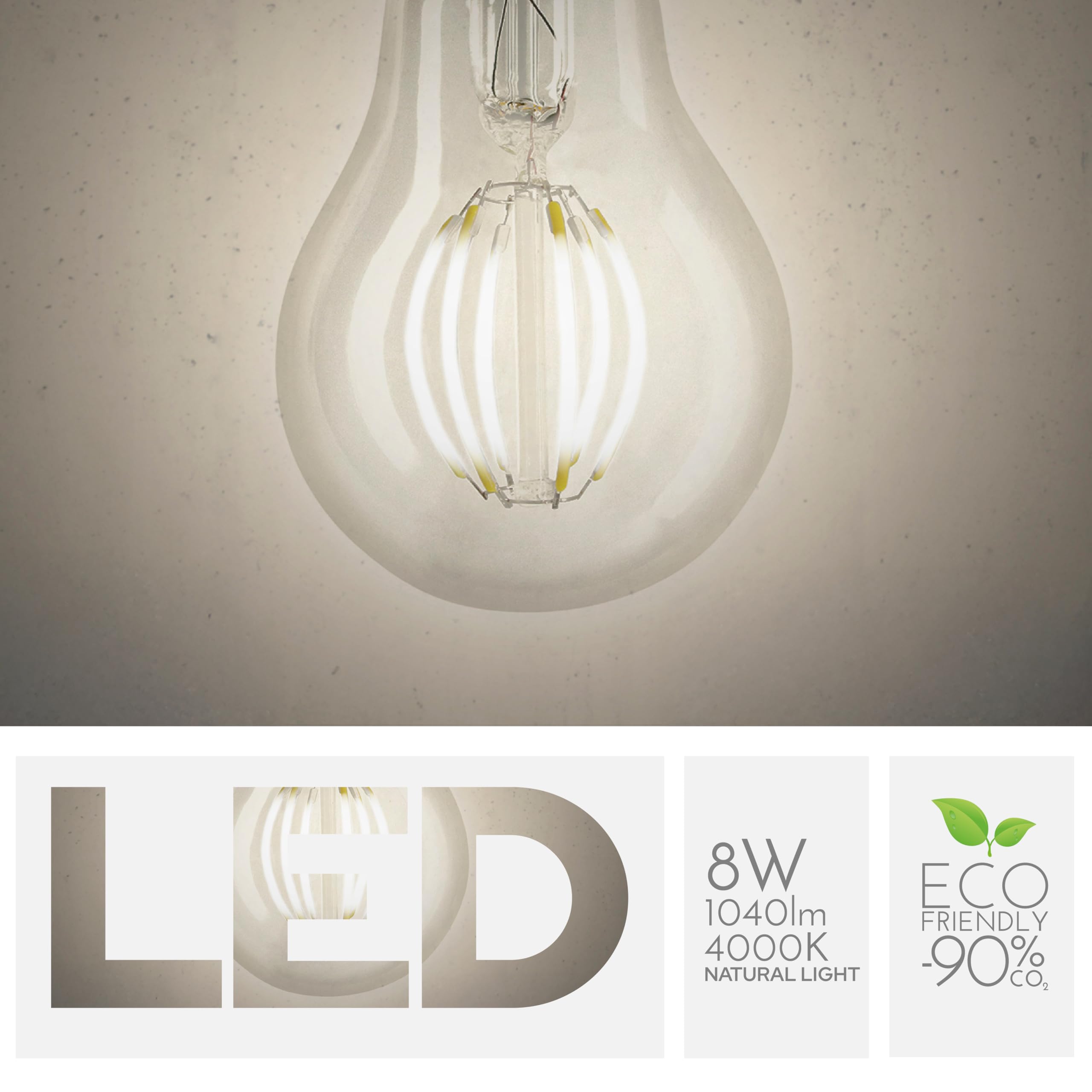 Bombilla Gota 8W Equivalente a 80W, E27, Cristal Esmerilado, 4000K Luz Natural, Filamento Curvo, 1040 Lúmenes, Paquete de 10 unidades
