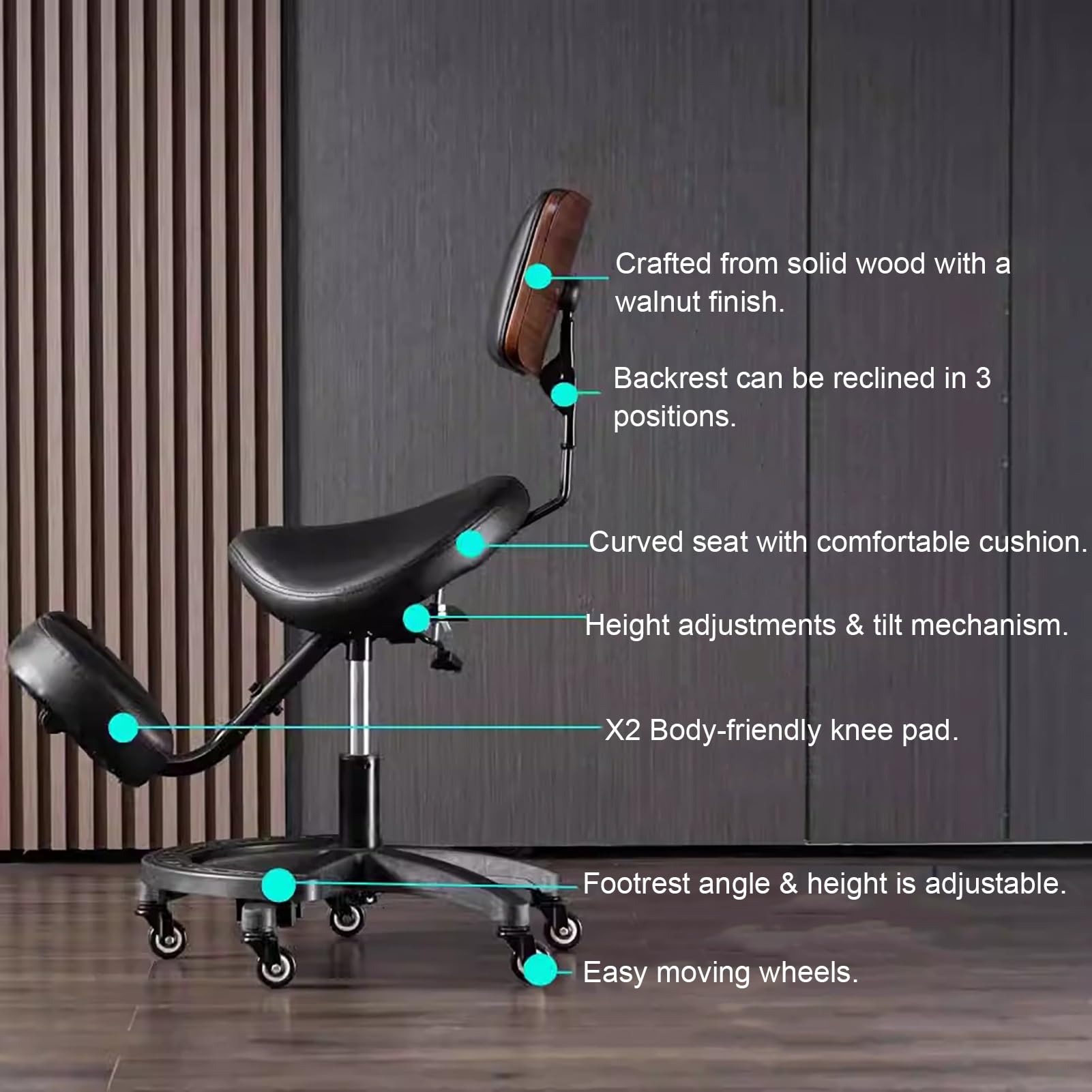 TUJOBA Taburete Pony Silla Ergonómica Silla de Postura Altura Ajustable, Asiento de Rodilla En Ángulo con Respaldo y Reposapiés, Masaje/SPA/Clínica Dental Heces de Rodadura