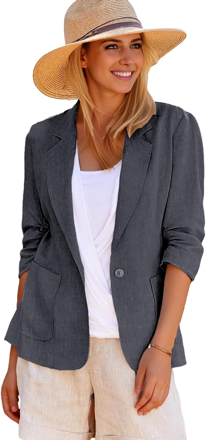 2025 Summer Linen Blazer Women Lightweight 3/4 Stretchy Ruched Sleeve Fully-Lined Casual Work Jacket with Pockets