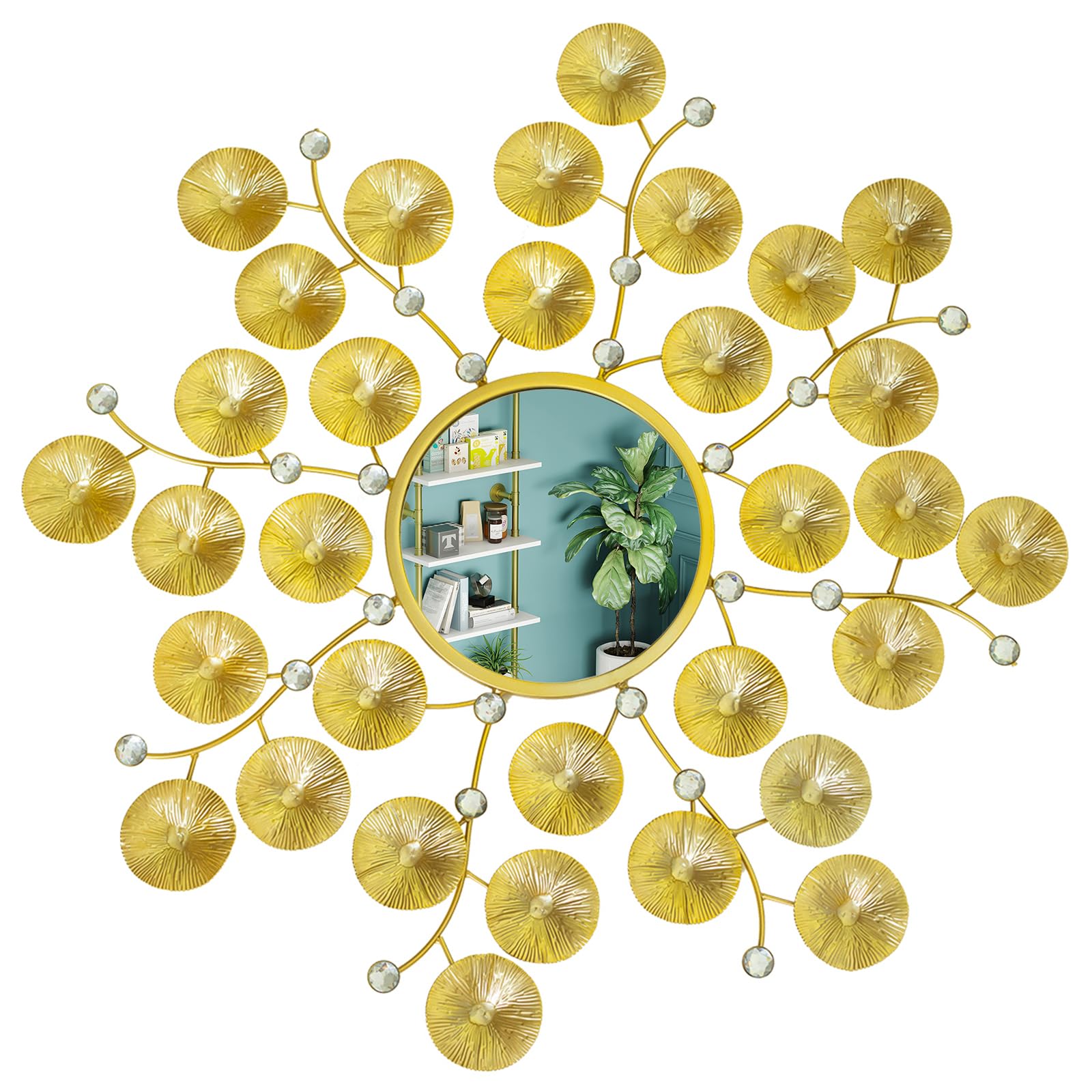 28" Round Gold Metal Floral Hanging Wall Mirror for The Bathroom, Living Room, Bedroom, Hallway and Entryway Decorative Decor, with Mounting Kit