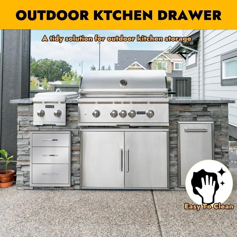 Outdoor Kitchen Drawers, 30" W x 10" H x 23" D Stainless Steel BBQ Drawer, Flush Mount Enclosed Single-Drawer BBQ Drawers with Handles for Outdoor Kitchens, BBQ Islands, No Installation Required