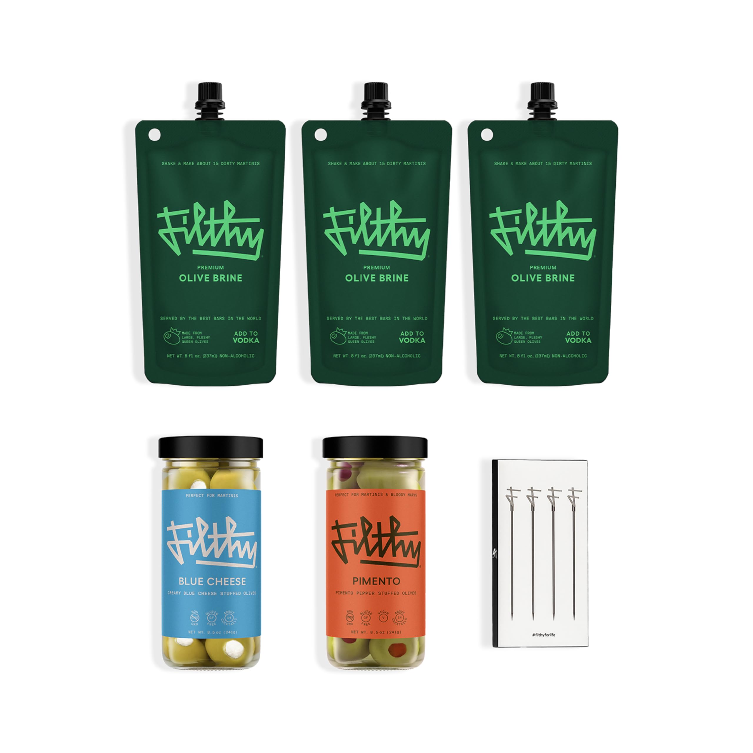 Filthy Martini Cocktail Kit, Premium Cocktail Kit, Includes Olive Brine, Pimento Stuffed Olives, Blue Cheese Stuffed Olives & 4 Stainless Steel Cocktail Picks, Non-GMO, Gluten Free