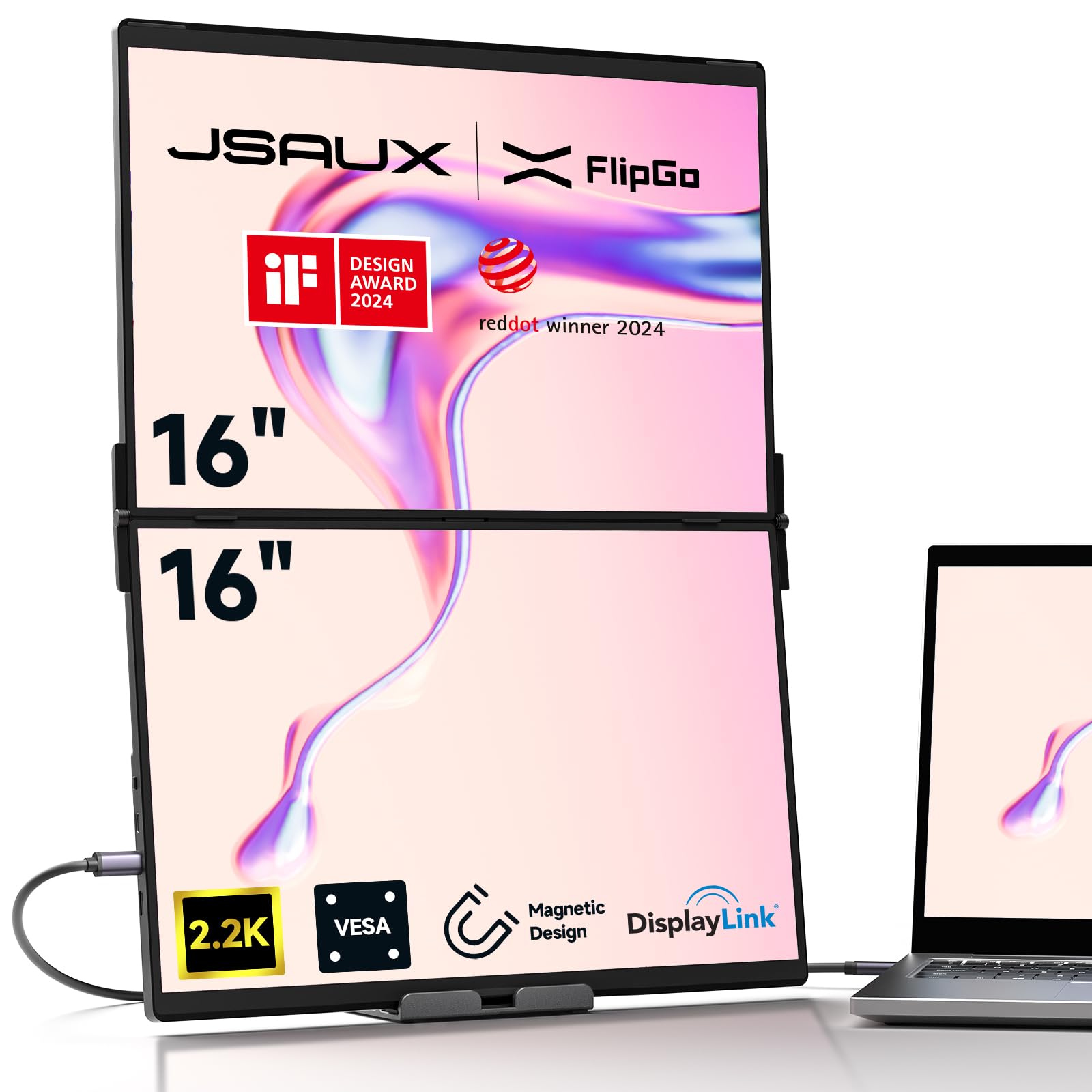 JSAUX FlipGo 16\" Pro 2.5K Dual Screen Portable Monitor, Triple Laptop Screen Extender | DisplayLink | HiDPI | One Cable to Dual IPS Screen | Built-in HUB | Magnetic Design for Windows, Linux, MacOS