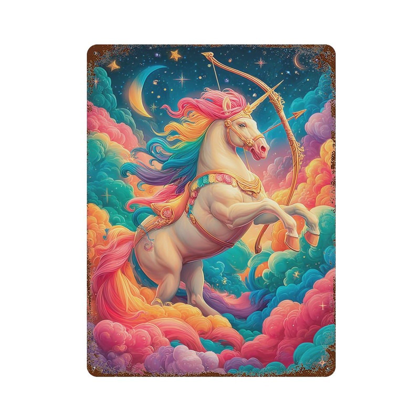 Magical Unicorn with Bow in Clouds Decorative Tin Sign 15.7"x11.8", Farmhouse Wall Decor for Garage, Bar And Workshop Decor