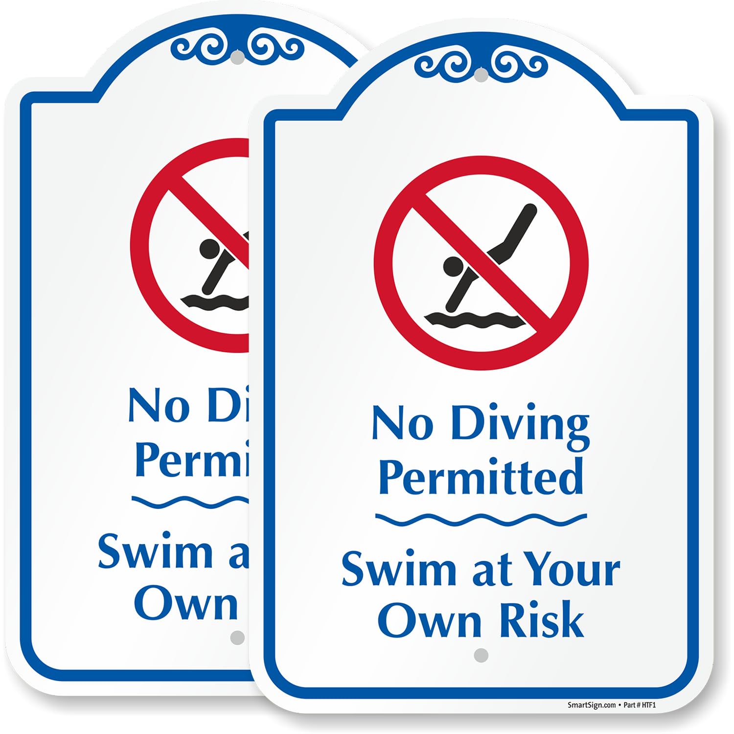SmartSign 2-Pack Designer Pool Rules “No Diving Permitted, Swim At Your Own Risk” Sign with Symbol, 18 x 12 inch Sign, 120 mil Aluminum Composite (ACM) with Overcoat, Blue, Red and White