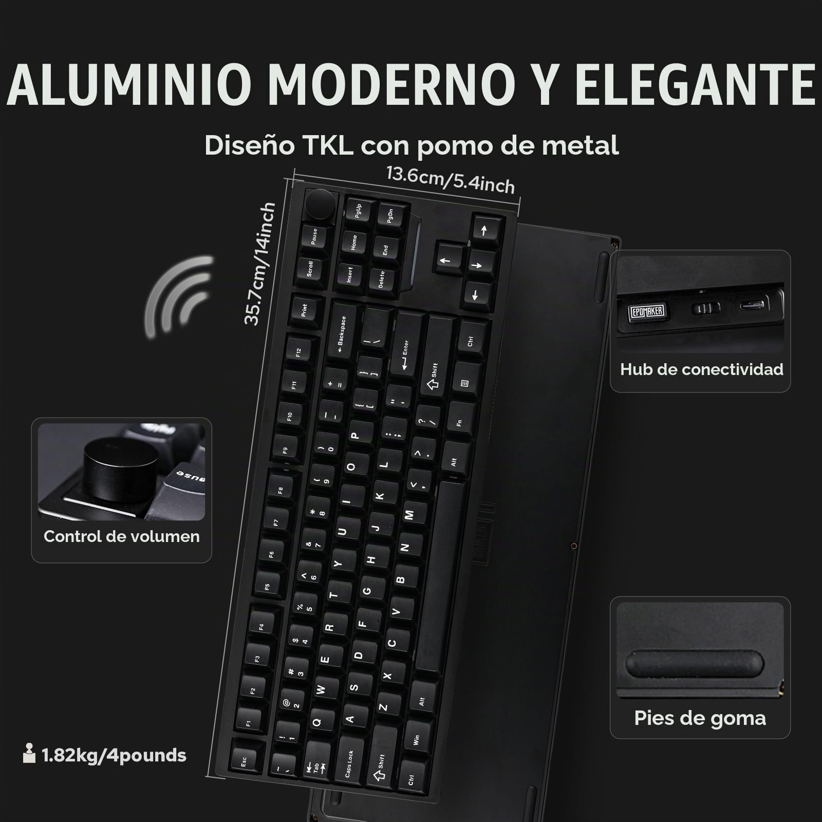 EPOMAKER P87 Teclado Mecánico Inalámbrico de Aluminio para Juegos, Programable con QMK/Via, Diseño 87% US, Bluetooth/2.4Ghz/USB-C, con Perilla de Metal CNC y RGB (Negro, Zebra Linear)