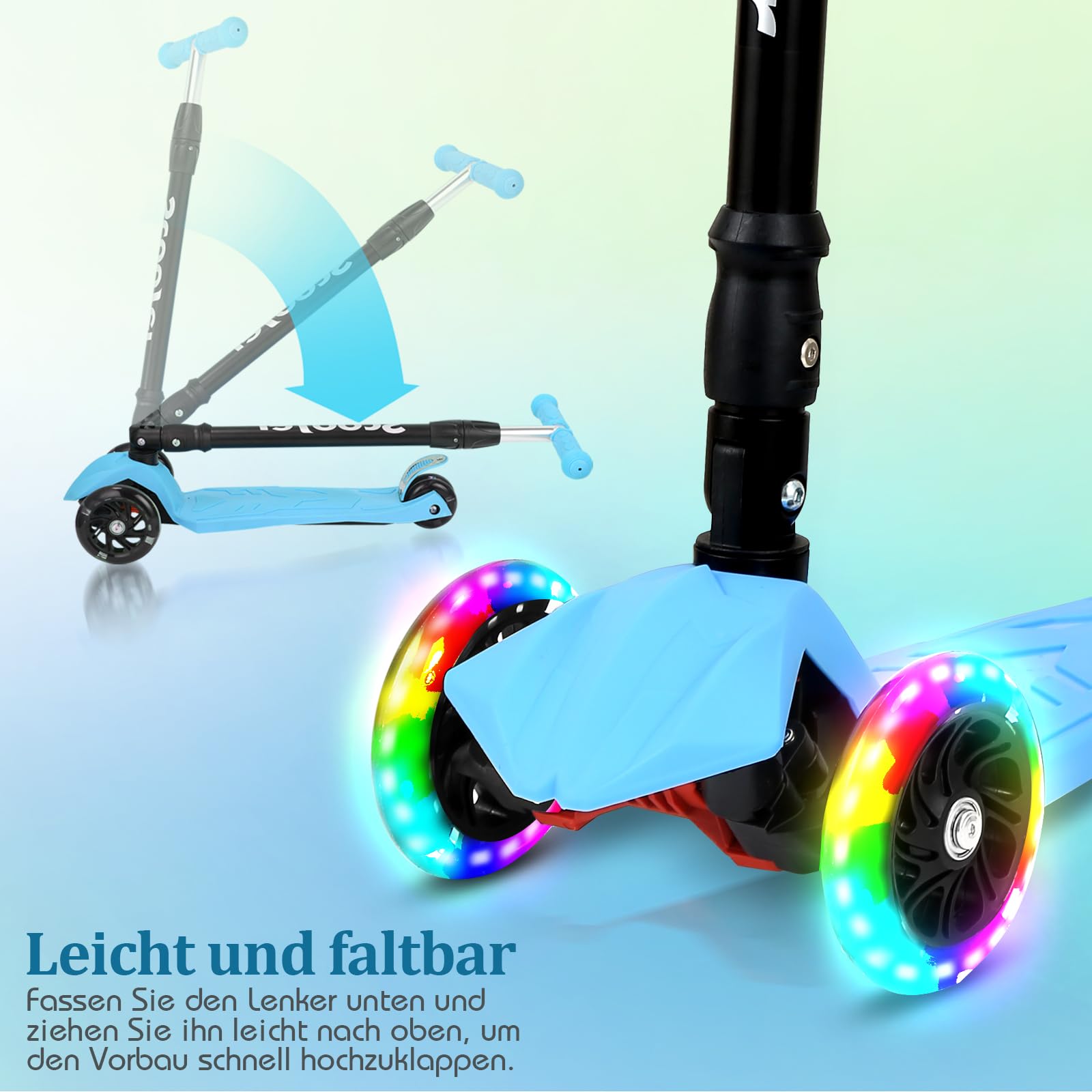 Patinete infantil plegable, altura regulable, con ruedas grandes y correa de transporte
