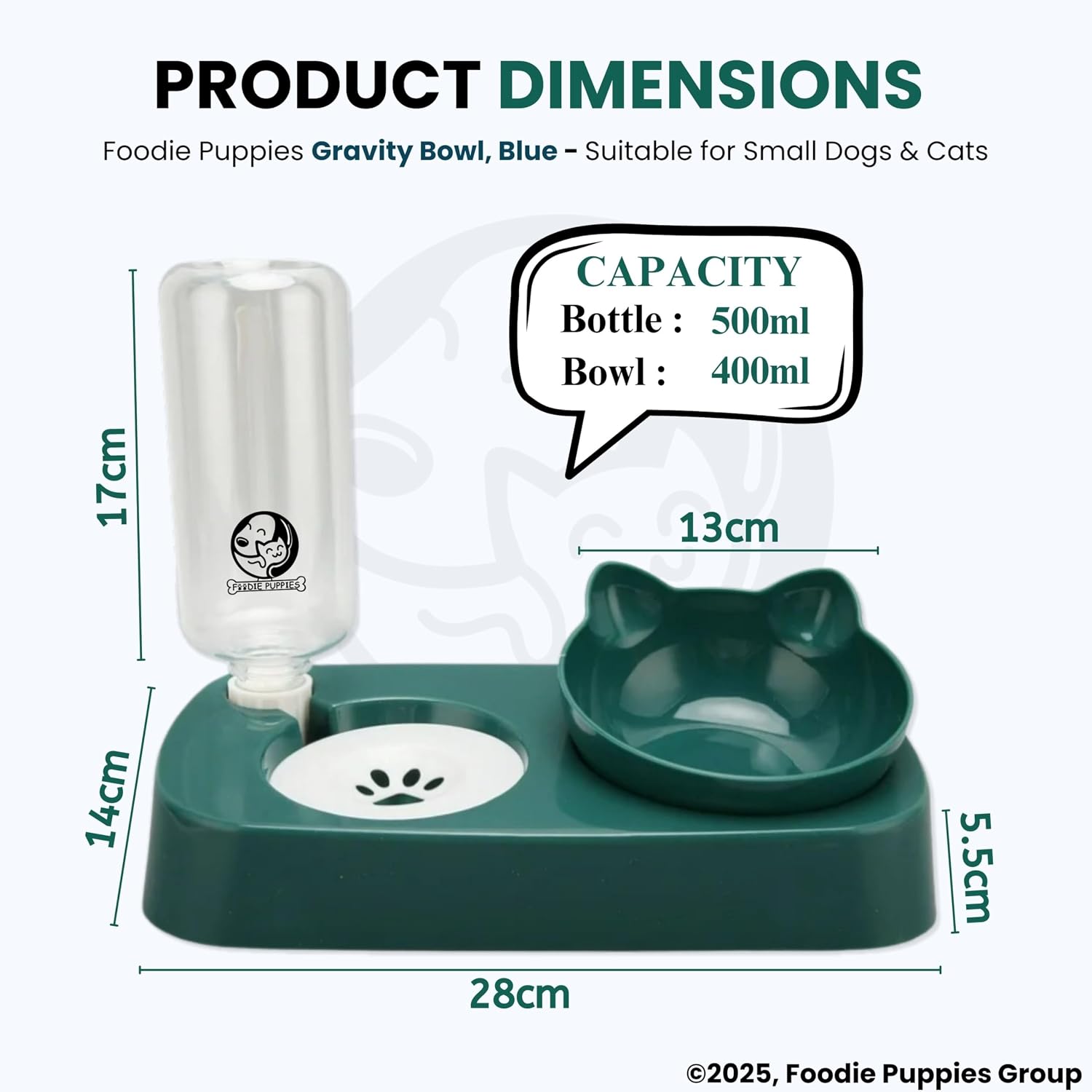 Foodie Puppies 2 in 1 Pet Food Bowl and Water Bottle Set- (Gravity Feeder), with Automatic Gravity Water Dispenser Bottle, Detachable Tilted Raised Food Bowl for Puppy, Small Dogs Cats and Kittens