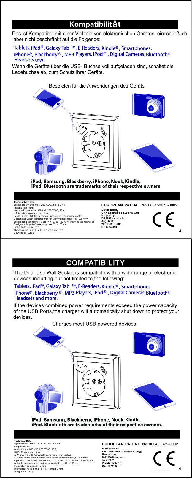 Schuko podwójne gniazdo wtykowe z 2 gniazdami USB (maks. 2800 mA) podobne grafitowe szare, elegancki styl, pasuje do 2-krotnej puszki podtynkowej