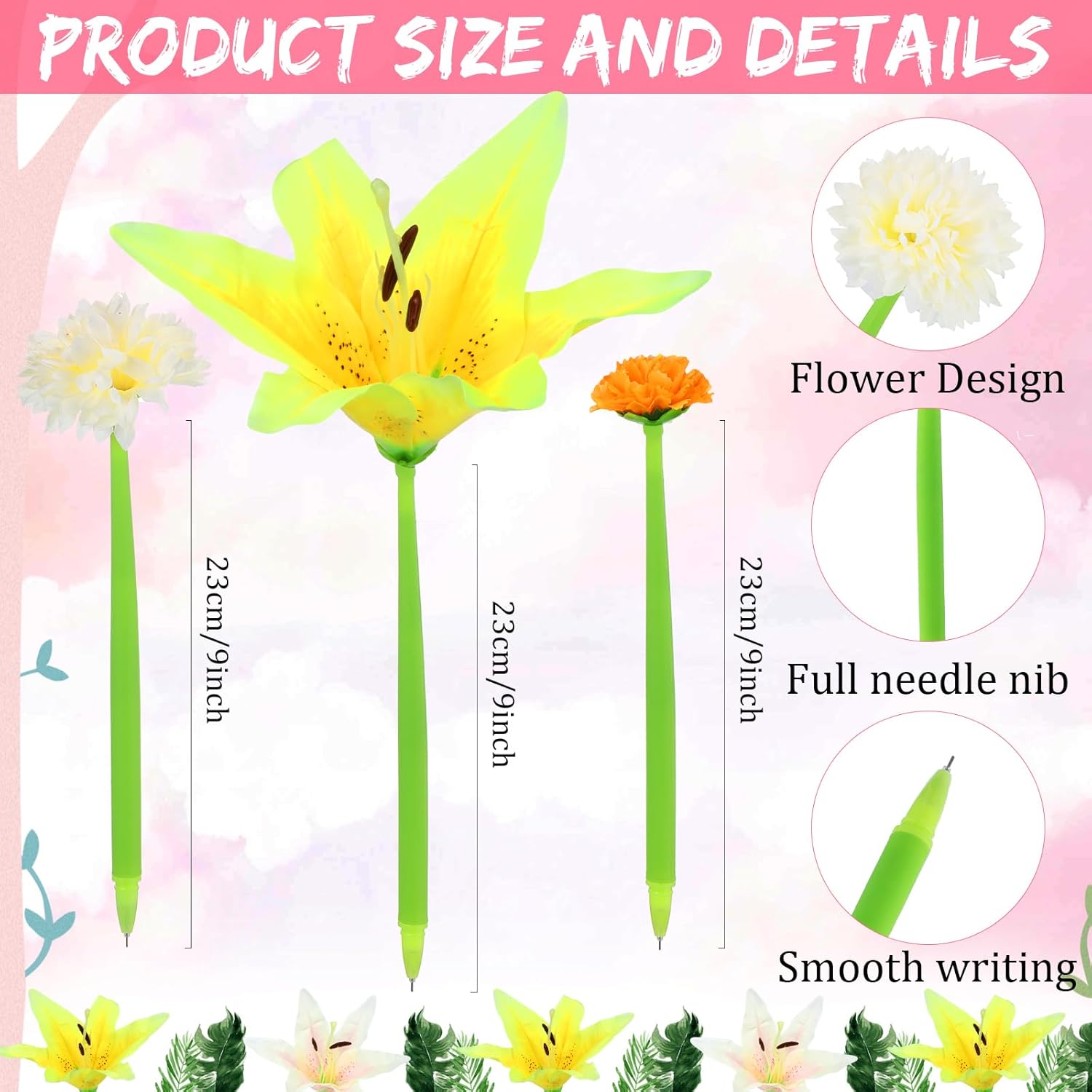 BBTO 24 Pcs Mother's Day Flower Pens for Women Daisy Rose Lily Carnation Ballpoint with Flower Top Black Gel Ink Pen Gift for Bridal Shower party Supplies,0.5 mm(Fresh)