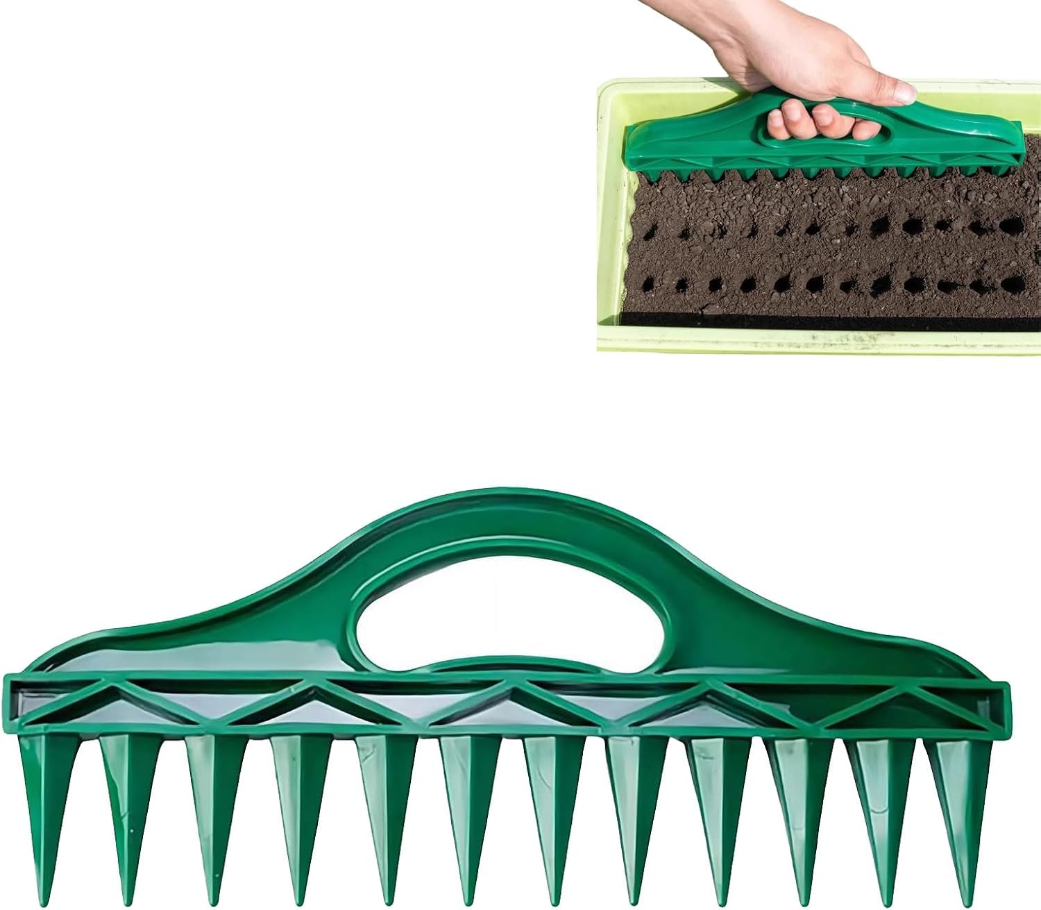 12-Hole Seed Planter Tool for Raised Beds Pots, Manual Transplanting Dispenser Soil Hole Puncher, Fixed-Spacing Garden Dibber Soil Digger Gardening Hand Tool for Planting Vegetables (Green Set)
