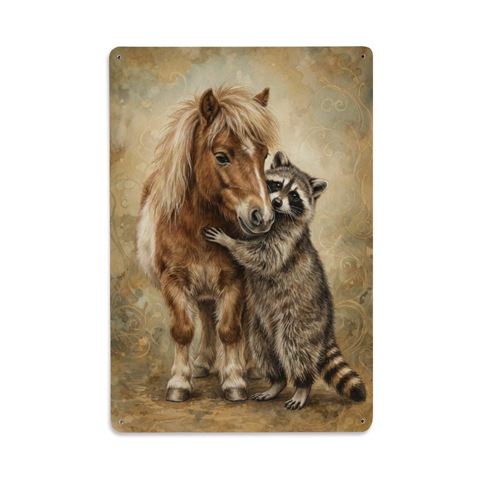 Metal Tin Sign Vintage Animal Cute Pony & Raccoon Animal Friendship