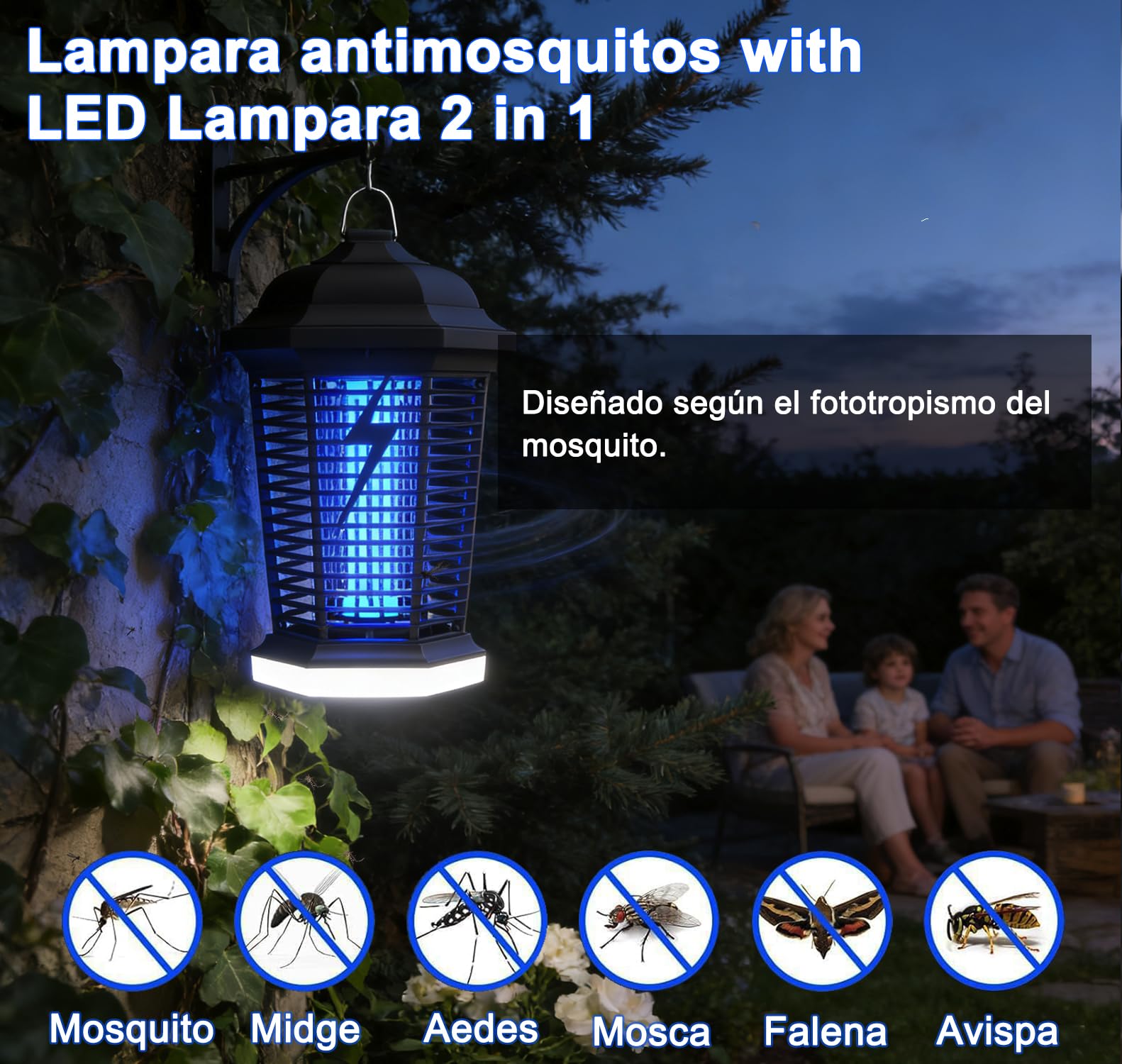 Lámpara antimosquitos con iluminación LED, 4000V 18W UV Mata Mosquitos electrico, No tóxico e Inodoro, Resistente IPX4, Atrapa eficazmente Mosquitos, Moscas y Polilla — view 2